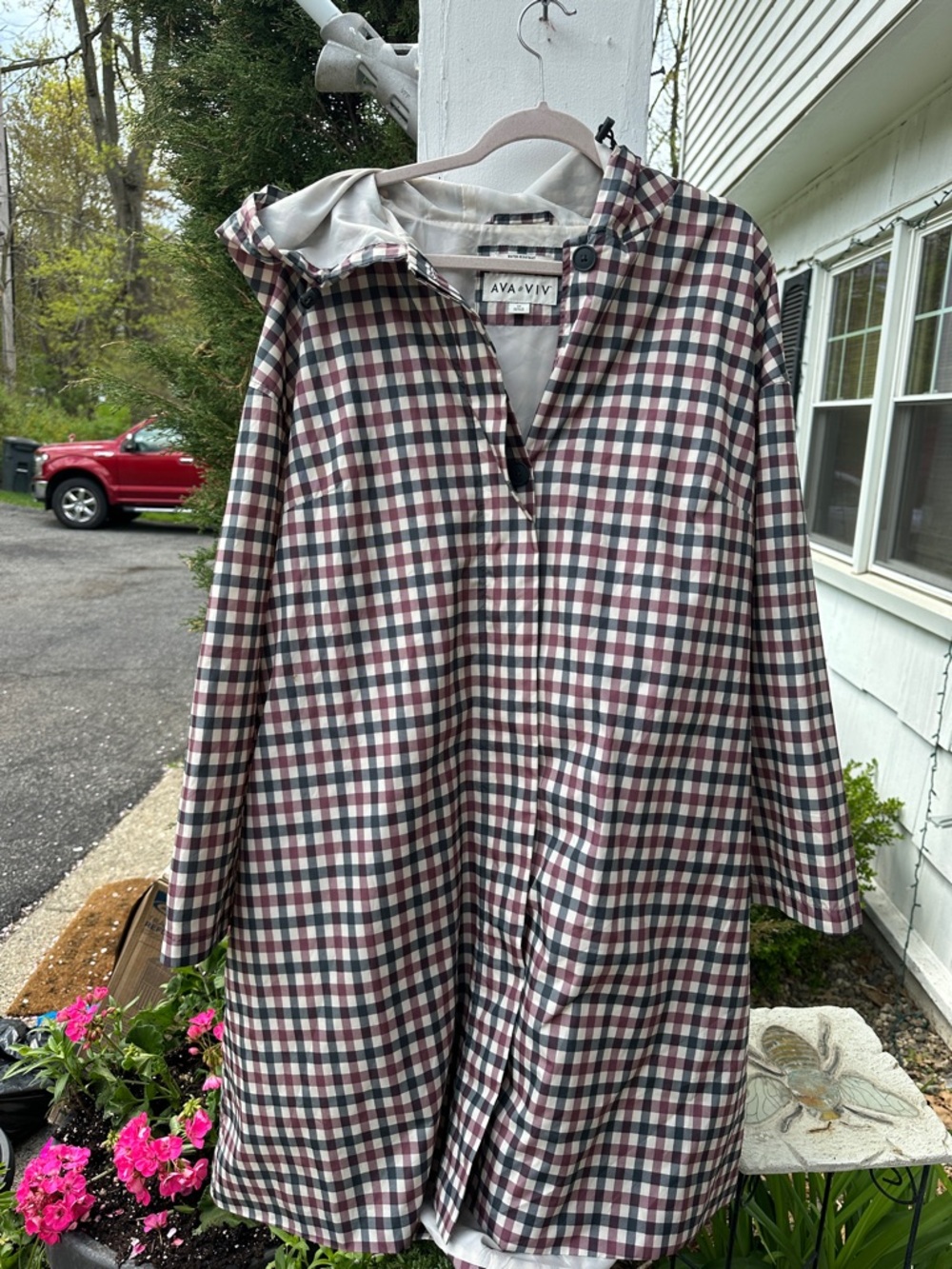 AVA & VIV Plaid Hooded Trench Coat - Burgundy, Black & White